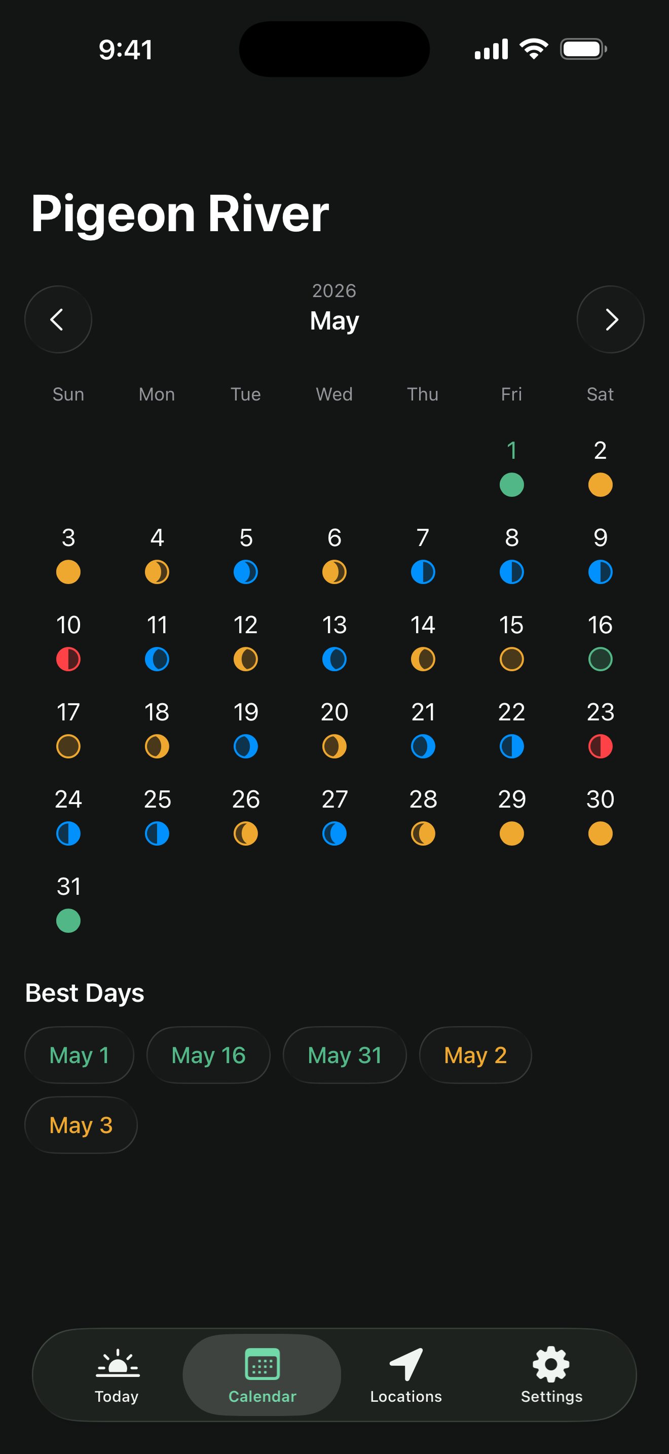 Calendar screen showing a month grid with color-coded activity ratings and moon phase icons