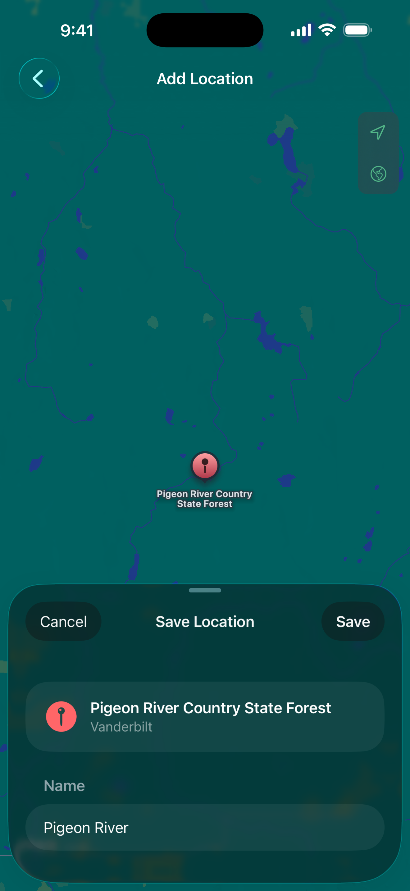 Location picker showing Apple Maps with a pin dropped at Pigeon River in northern Michigan