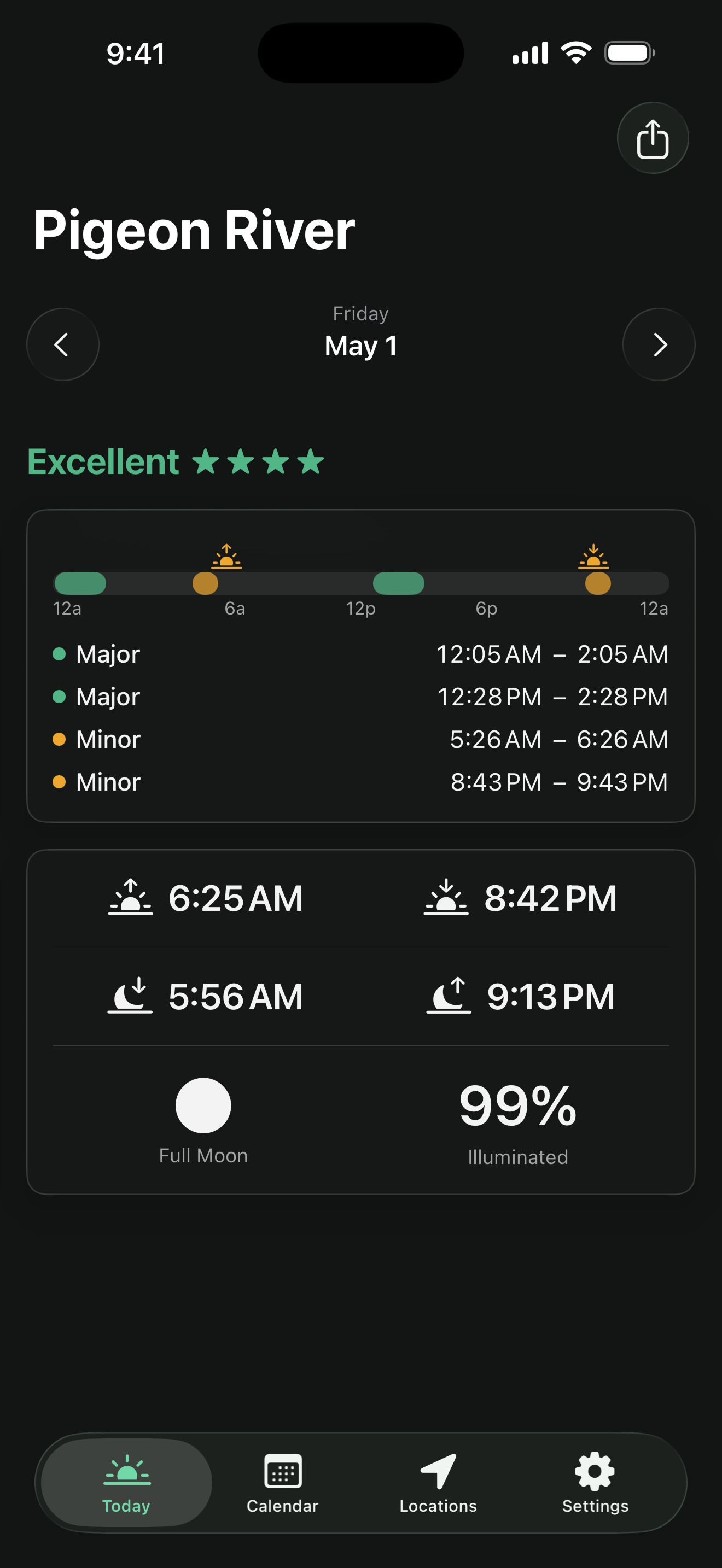 Lunar Hunt and Fish Today screen showing an Excellent activity rating
